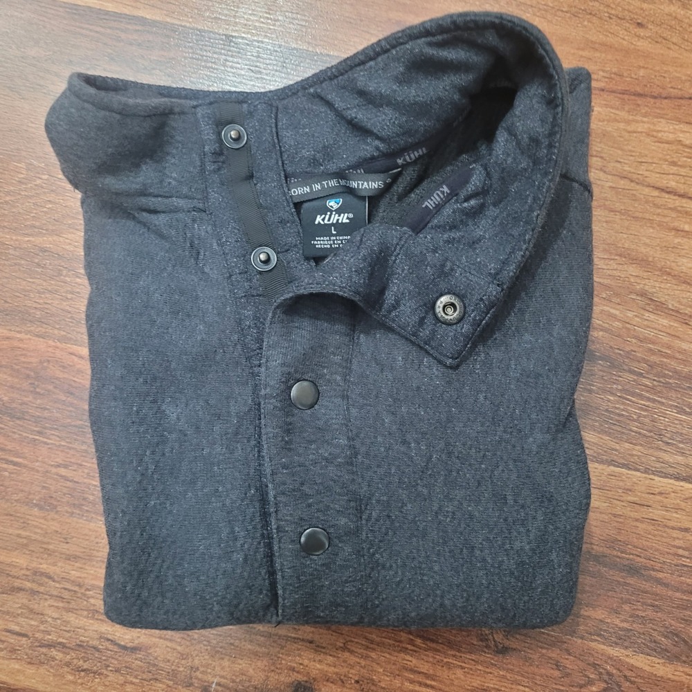 Kuhl Interceptr Mens Large Charcoal Gray Fleece Snap Neck Pullover Sweater FLAWS